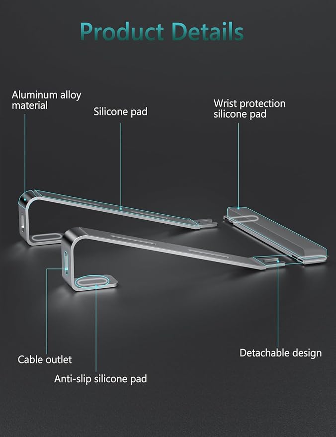 JCZT Aluminum Laptop Stand, Notebook Stand with Wrist Rest, Ergonomic Detachable Laptop Mount, Computer Stand Compatible with 10-17'' All Laptops Such as MacBook Air Pro/HP/Dell/Lenovo, Silver