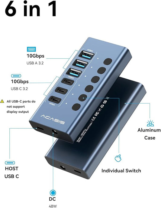 Powered USB 3.2 Hub, ACASIS 6 Ports USB 3.2 Hub(3 USB-A 3.2 Ports + 3 USB-C 3.2 Ports), Aluminum USB Hub Powered with 48W Power Adapter, USB Hub for PC/Laptop, Computer, Flash Drive, Printer, Camera