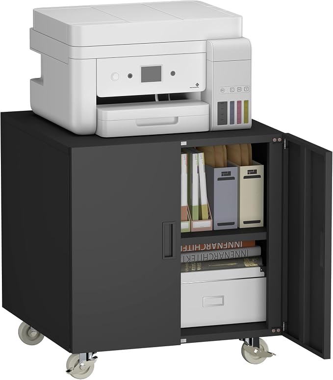 Printer Stand with Storage, Metal Printer Table for Home Office, Heavy Duty Printer Stand with Shelf, Large Table with Wheels for Printers, Mobile Cabinet for Workplace, Fits Fax, Scanner