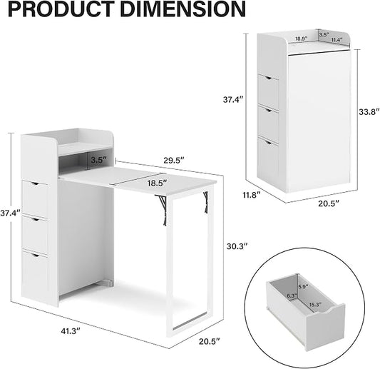 LAUSAINT HOME Wall Mounted Foldable Desk, Space Saving Hidden Desk with Storage & Power Outlet, Fold Out Table for Small Spaces, Home Office Bedroom, White