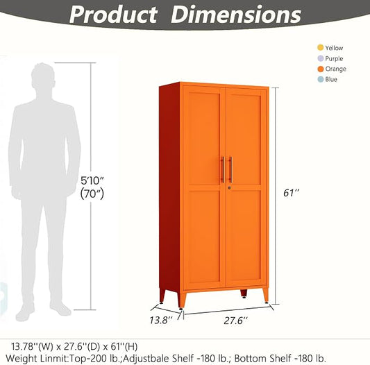 Metal Storage Cabinet with Lock,Orange Steel Tool Cabinet with 3 Adjustable Shelves,61 Tall Freestanding Heavy Duty Garage Locker for Home Office Kitchen 61" H X 27.6" W X 13.8" D