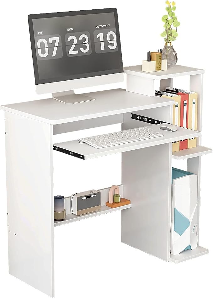 35" Compact Computer Desk with 3-Tier Storage Shelves & Keyboard Tray – Small Study Table for Bedroom or Home Office (White)