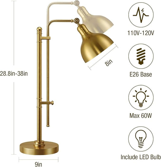 PARTPHONER Industrial Adjustable Desk Lamp for Home Office, Farmhouse Table lamp 29''-38'', Rustic Metal Task Desk Lamp in Brushed Gold Finish, Vintage Reading Lamp for Study Room,Gold