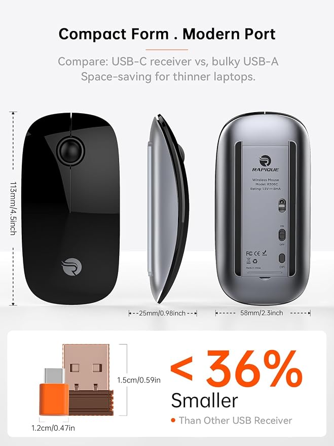 RAPIQUE R306C USB C Wireless Mouse for MacBook, Type-C 2.4GHz Portable Computer Mouse with USB-C Receiver, Silent Click, Slim Cordless Mouse, 3-Speed DPI, for iPad, Chromebook, Laptop, MacOS - Black