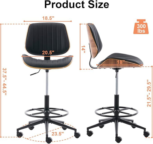 Drafting Chair, Ergonomic Office Chair with Walnut Wood Back Support, Armless PU Leather Desk Chair with Height-Adjustable, Thick Cushion for Home, Bar, Drafting, Office (Black)