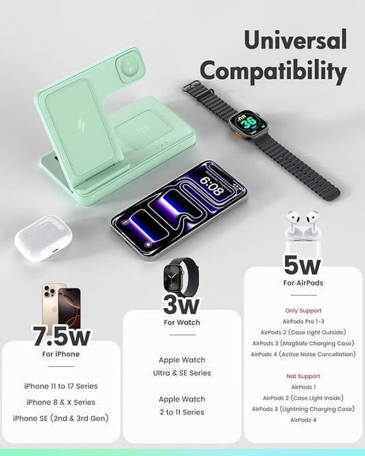 Wireless Charger Stand Charging Station: 3 in 1 Charger Multiple Devices for Apple iPhone 17 16e 16 15 14 Pro Max 13 12 11 for Watch 11 10 9 8 7 6 5 4 3 2 SE and Ultra & Airpods Series, Light Green