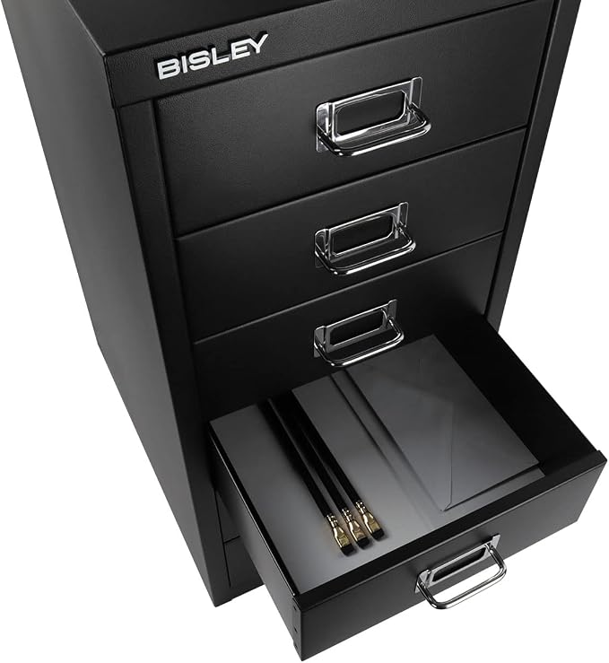 Bisley 6-Drawer Steel MultiDrawer Cabinet - Black | Chrome Pull Handles with Label Holders, Powder-Coated Steel, Removable Drawers, Fits Under Most Desks, Labels Included