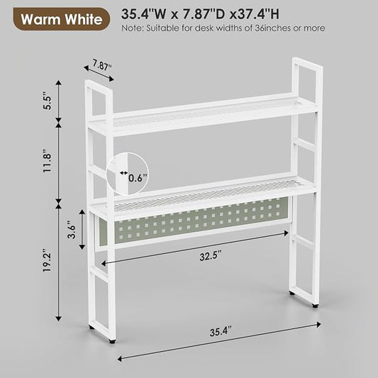 Brakki Desk Shelf, Desk Hutch Bookshelf, Desktop Shelf with Pegboard, White | L35.43", 2 Tier Bookcase, for Computer Monitor, Metal Desktop Hutch, Storage Organizer for Dorm Home Office