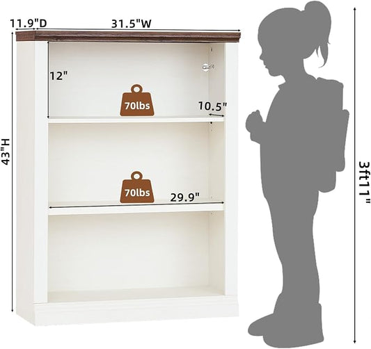 RWYHG 43" White Tall Bookshelf Set of 2,3-Tier Thick Wooden Book Shelf with Adjustable Shelves,Free Standing Farmhouse Bookcase with Open Display Storage,Floor Vintage Bookshelves for Living Room