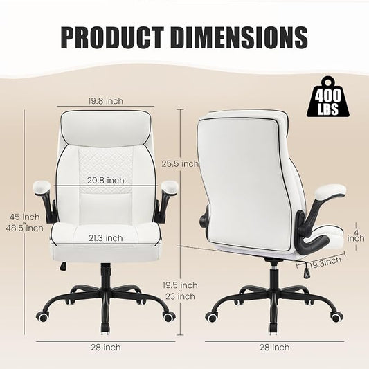 White Office Chair 400lbs, Modern Executive Desk Chair with Lumbar Support, Comfortable Computer Chair with Flip-up Armrests, Adjustable Height Swivel Reclining Chair for Home Office, Faux Leather