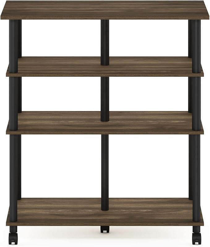 Furinno Helena 4-Tier Multifunction Rolling Open Shelves Storage Cart Organizer, Columbia Walnut/Black