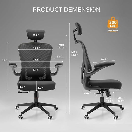 Office Chair with Adjustable Lumbar Support & Flip-Up Armrests -Ergonomic High Back Computer Desk Chair with Thickened Seat Cushion, Rolling Wheels for Home/Office Study Work (02H-Black)