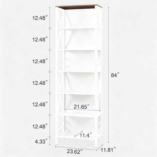 HOMISSUE Bookshelf, 7-Tier Bookshelf, Rustic Wood Metal Bookshelves and Bookcases, Freestanding Open Bookshelf, Industrial Tall Bookcase for Home Office, Living Room and Bedroom, White