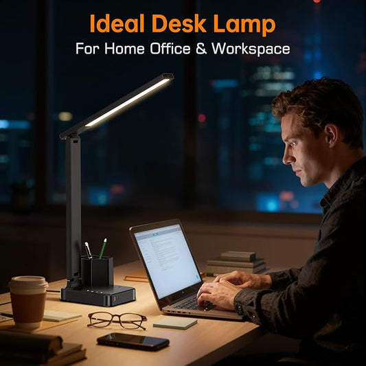 cozoo LED Desk Lamps for Home Office, Modern Dimmable Eye Cariing Desk Light with USB Charging Ports AC Outlet, Pen Holder,Touch/Memory/Timer, Kids Small Table Lamp for Reading, Bedroom, Study, Craft