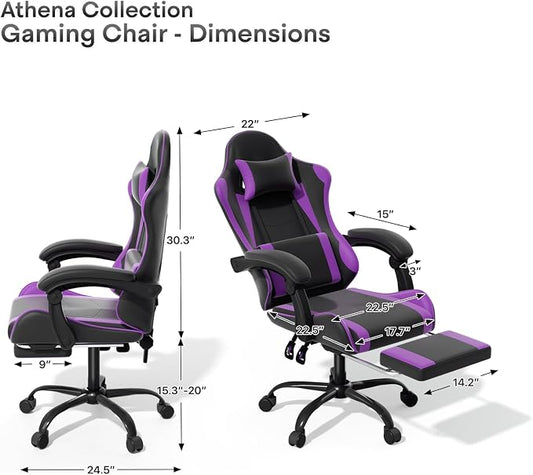 Athena Collection Gaming Chair, Ergonomic Gaming Chair with Footrest & Headrest Lumbar Support, Height Adjustable Swivel Computer Chair Office Chair for Adults(Purple)