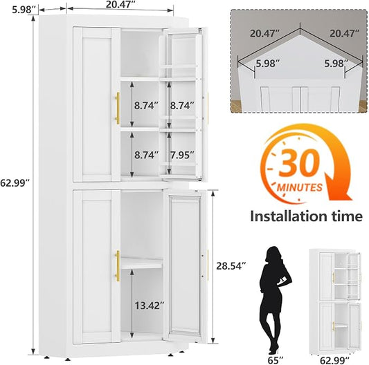 GAIOUS 63" Tall Metal Corner Kitchen Pantry Cabinet, Steel Storage Cabinets with 4 Doors and 3 Shelves, Kitchen Food Cabinets with 6 Door Panel Shelves, Farmhouse Cupboard for Kitchen Dining, White