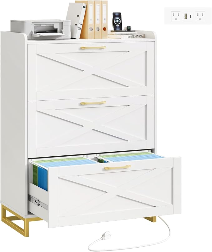 Halitaa File Cabinet 3 Drawers Lateral File Cabinet with Charging Station for Letter/Legal/A4 Size Hanging Files, Large Wood File Storage Cabinets Printer Stand for Home Office, White and Gold