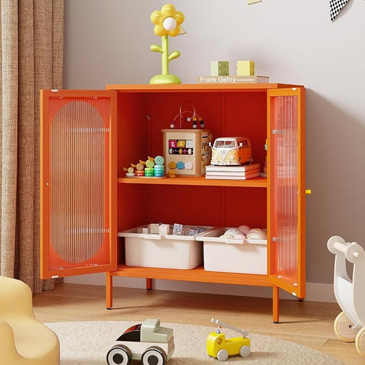 2 Translucent Door Metal Accent Storage Cabinet for Home,Office Room,Kitchen-Metal Locker Cabinet with 1 Adjustable Shelves-2-Tier (Translucent Door Cabinet, Orange)