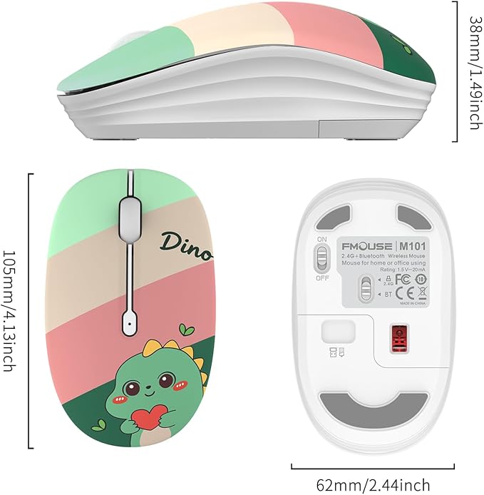 FMOUSE Cute Wireless Mouse, Bluetooth & 2.4GHz Dual Mode with USB Receiver, Silent Click, AA Battery Powered, for Kids Students Teen Girls, Compatible with Laptop Mac iPad PC (Cute Dino)