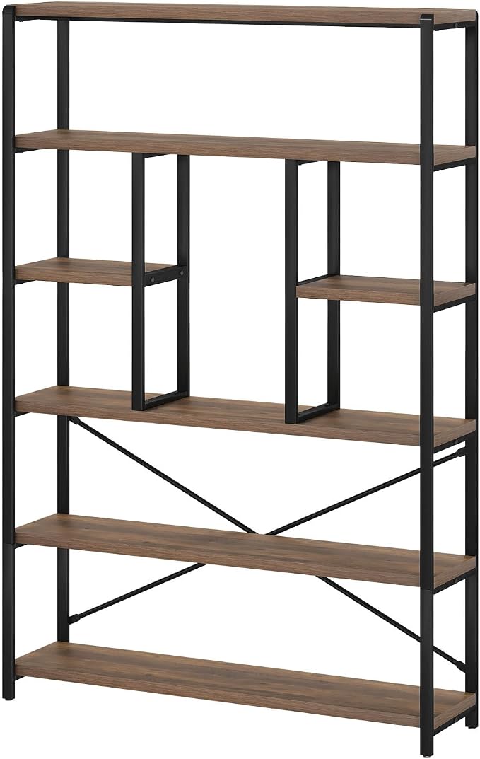 LVB Tall Industrial Etagere Bookcase, Modern Wood Large Open 6 Tier Bookshelf, Vintage Wide Metal Book Shelf Organizer, Farmhouse Book Shelves for Bedroom Living Room Home Office Storage, Rustic Oak