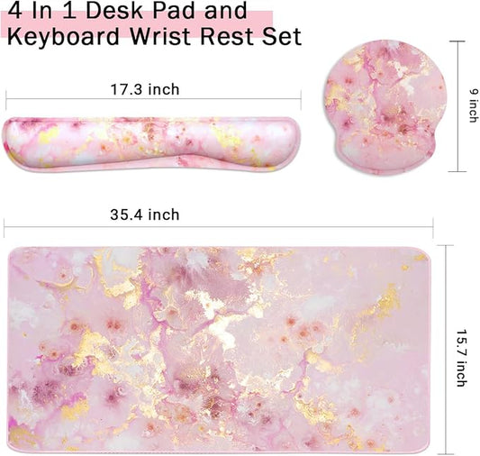 4-in-1 Gaming Mouse Pad Wrist Support Set,Desk Pad + Mouse Pad with Wrist Rest + Keyboard Wrist Rest + Coaster, Ergonomic Design for Home Office Study Game - Pink