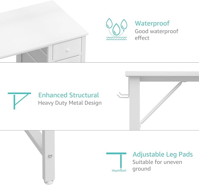 Lufeiya White Computer Desk with Drawers, 47 Inch Reversible Study Work Writing Desk for Home Office Bedroom, Simple Modern Cute PC Desks with Fabric Drawer, White