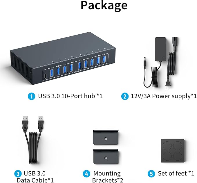 10 Port Powered USB 3.0 Hub, Industrial Rack Mountable USB Data Hub with 12V/3A Adapter 105W Output ESD Protection, Rugged Metal Case USB Expander Splitter