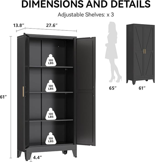 COFaR 61" Metal Pantry Cabinet in Black, Modern Storage Cabinet with Adjustable Shelves, Sturdy Metal Cupboard for Kitchen, Office, Living Room & Bathroom Organization