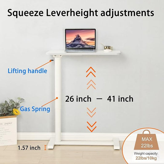Height Adjustable Mobile Standing Desk - 90° Tiltable Storable Overbed Table, 30 inches Rolling Laptop Desk with Gas Spring Riser and Wheels for Offices, Home, Medical and School