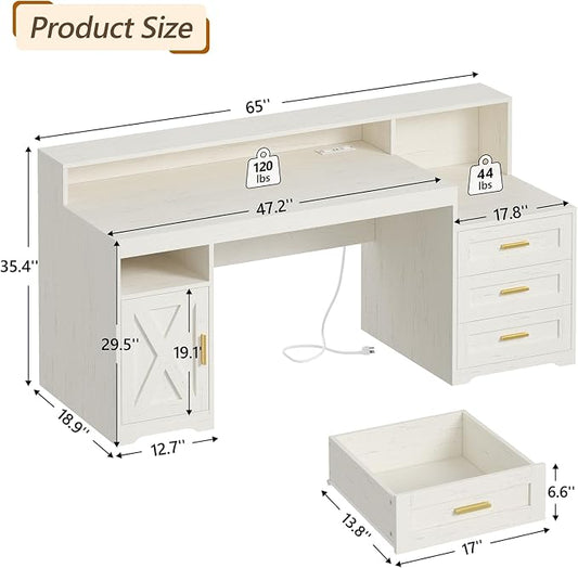 TVU Farmhouse Computer Desk with Drawers, 65'' Home Office Desk with Power Outlets, Storage Cabinet and Printer Stand, Study Writing Desks with Long Monitor Stand, White