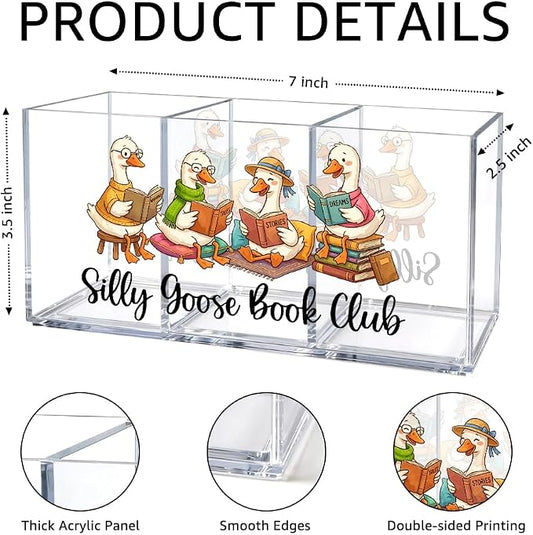 Funny Silly Goose Acrylic Pen Holder, Reading 3 Compartment Desk Organizer, Book Lover Gifts for Teachers, Women, Librarians, Office Supplie Organizer for Coworker, Book Day Gifts for Booklish