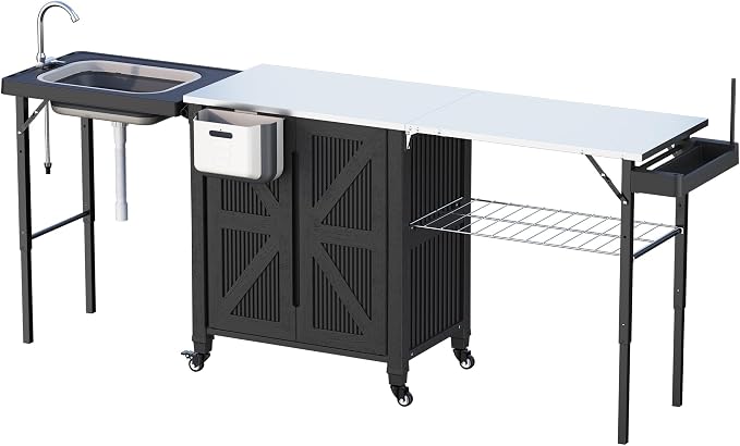3-in-1 Outdoor Grill Cart with Sink & Faucet, Stainless Steel Top Outdoor Kitchen Island, Prep Table with Foldable Side Table, Storage Cabinet, Rolling Grill Station with Wheels for Patio, Backyard