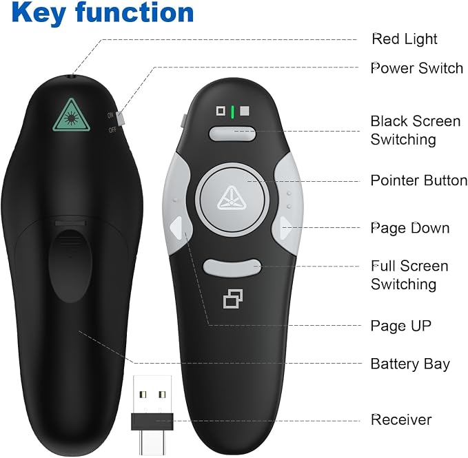 QUI Presentation Clicker Wireless Presenter Remote Clicker for PowerPoint Presentation Remote, PowerPoint Slide Advancer for Mac/Windows/Google Slide/Keynote, Black, A-C