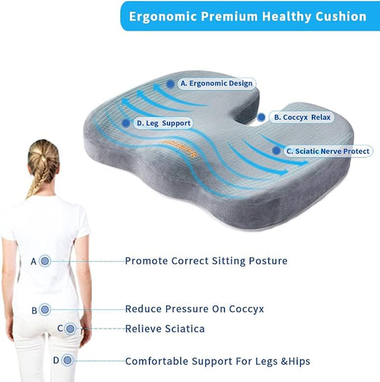 SAIREIDER Seat Cushions for Office Chairs, Memory Foam Coccyx Cushion Pads for Tailbone Pain, Sciatica Relief Pillow, Car Seat Cushion, Correct Sitting Posture (Grey)