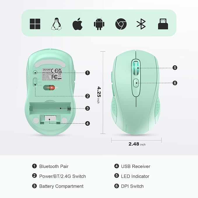 TECKNET Bluetooth Mouse (BT 5.0/3.0+2.4Ghz), 6-Level 4000 DPI Wireless Mice for Laptop, 2-in-1 Ergonomic Computer Portable PC Mouse, Silent Mouse with USB Receiver for Windows/Mac/PC/Notebook-Green
