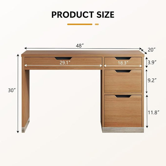 MaverickFurni 48 Inch Small Desk with 4 Drawers, Computer Desk with Storage File Drawer for Bedroom, Home Office Desk with Storage for Small Space, Brown