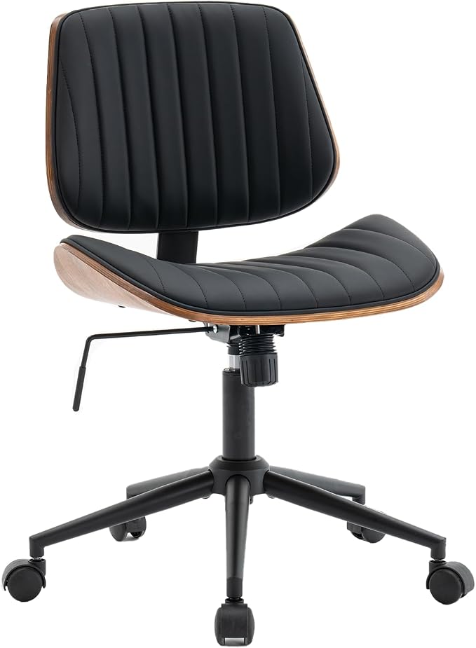 Modern Home Office Desk Chair with Wheels, PU Leather Swivel Computer Chair Armless Upholstered Cirss Cross Vanity Chair for Home Office, Meeting, Reading, Black