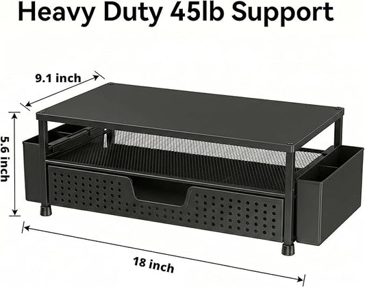 ECOLOVI Desk Organizer and Accessories, 2-Tier Computer Monitor Stand Rise with Storage Drawer & 2 Pen Holders, Laptop & Printer Stand for Desktop, Workspace Organizers for Office Supplies (Black Wood)