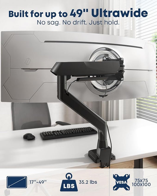 Ultrawide Monitor Arm - fits 17-49 inch Heavy Duty Flat/Curved Monitors, Full Motion Adjustable Gas Spring Arm Holds 35.2 lbs with Clamp & Grommet Desk Mount, VESA 75/100mm, Black