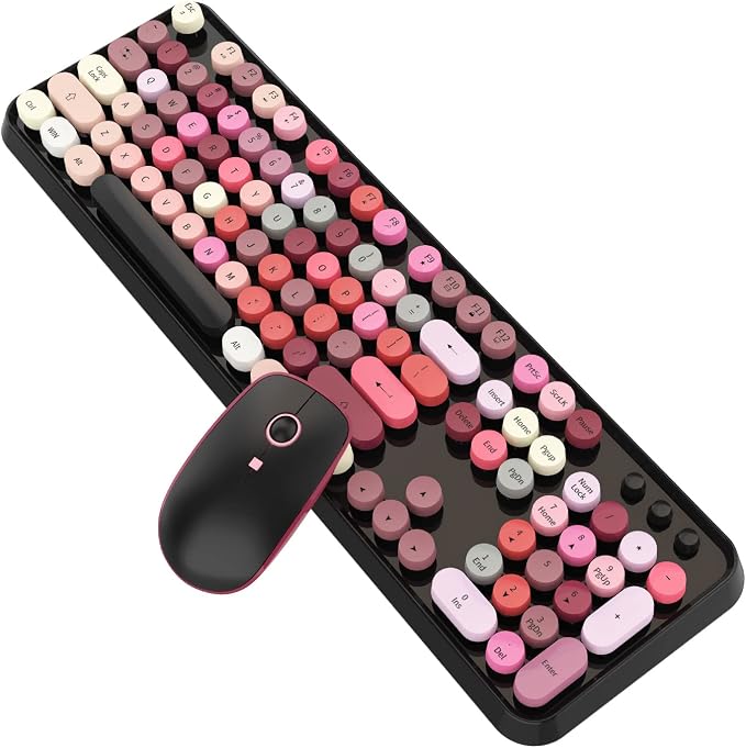 Colorful Wireless Keyboard and Mouse Combo, Lipstick Color Bubble Keyboard with Round Keys, 2.4Ghz Creamy Aesthetic Full Size Typewriter Style Keyboard with Number Pad for PC Laptop Desktop