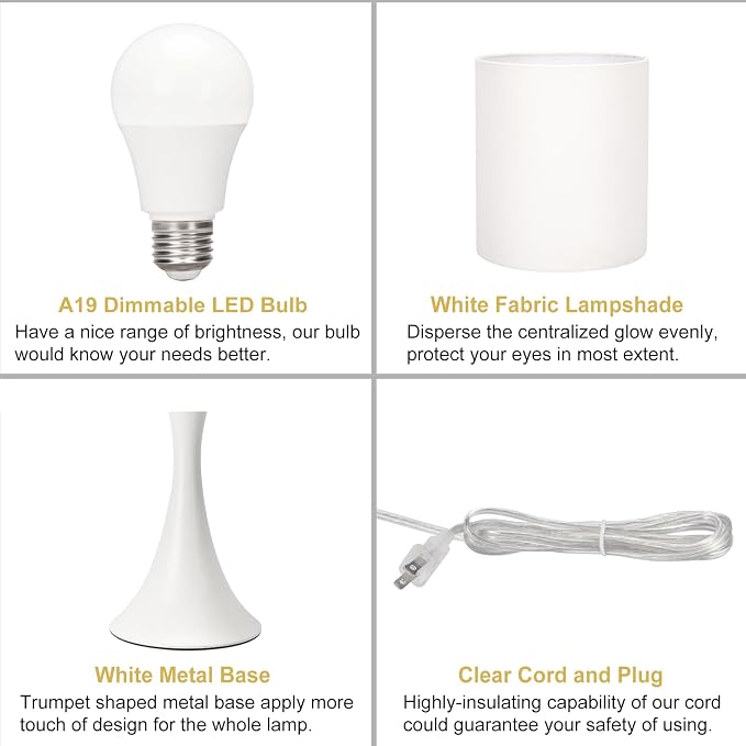 Modern Table Lamps, 3 Way Touch Control Table Lamp, Dimmable Desk Lamp, White Nightstand Lamp with Fabric Shade, Small Bedside Lamp for Living Room, Dorm,Home Office, LED Bulb Included
