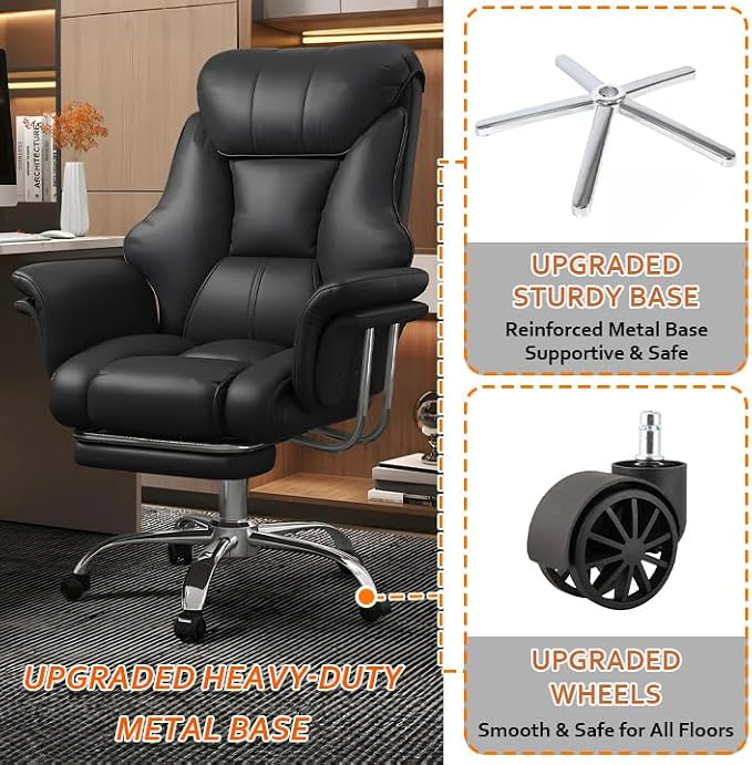 Big and Tall Office Chair 550 lbs Extra Wide Leather Executive Chair with Retractable Footrest, Heavy-Duty Ergonomic Chair, Adjustable Height Computer Gaming Chairs