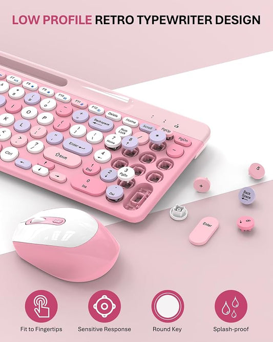Colorful Wireless Keyboard and Mouse Combo - Round Keycaps, 2.4GHz Retro Typewriter Keyboard with Number Pad, Cute Compact USB Keyboard and Mouse for Computer PC Desktop Laptop (Pink)