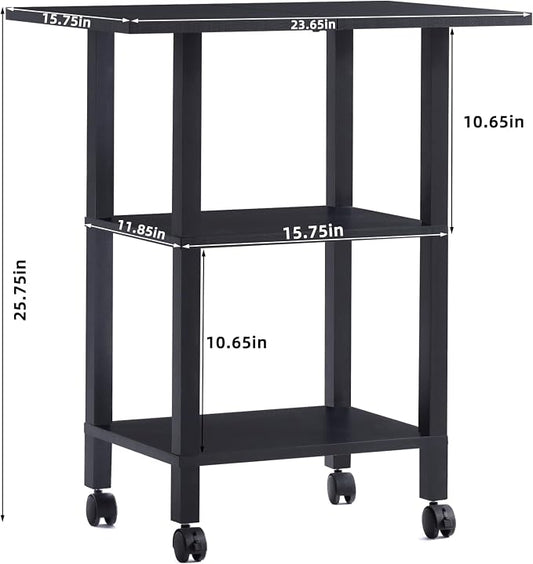YUFAM Black 3 Tier Home Printer Stand with Storage, Wooden Mobile Printer Table Shelf, Rolling Printer Cart Shelf with Lockable Wheels fit Fax Machine, Scanner