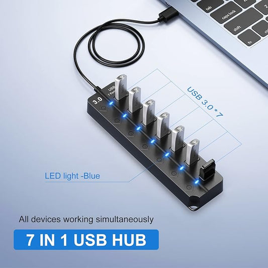 ONFINIO USB Hub 3.0, 7-Port USB A Splitter with Individual On/Off Switches and Lights, 3.2ft/1m Long Cable, Extender for A Port Laptop, PC, Desktop