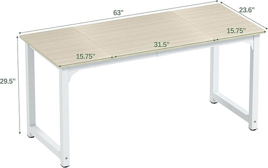 NSdirect Large Office Desk for Home Office, Large 63" Computer Desk Table, Wide Writing Study Desk for 2 Person, Metal Sturdy Frame Thicker Steel Legs, (White Oak, 63"L x 23.6"W x 29.5"H)