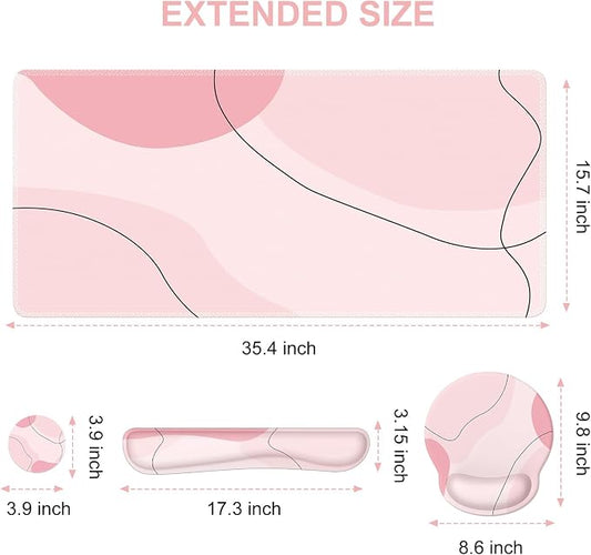 iCasso Large Gaming Mouse Pad Wrist Support Set, Desk Mat, 4in1 XXL Mousepad + Keyboard Wrist Rest+Mouse Wrist Rest+Coaster Set with Ergonomic Design for Home Office Table Computer-Pink Art