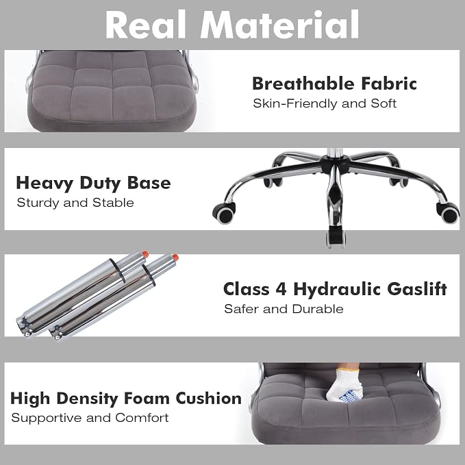High Back Fabric Office Chair, Comfy Velvet Executive Desk Chair with Flip-Up Arms, Ergonomic Office Desk Chair with Lumbar Support, Upholstered Home Computer Chair with Wheels (Grey)