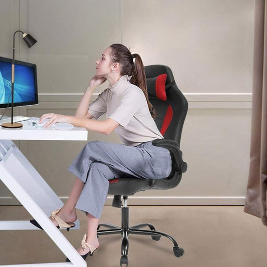 PC Gaming Chair Ergonomic Office Chair Desk Chair with Lumbar Suport Flip Up Arms Headrest Adjustable PU Leather Executive High Back Computer Chair for Women Men Adults,Red