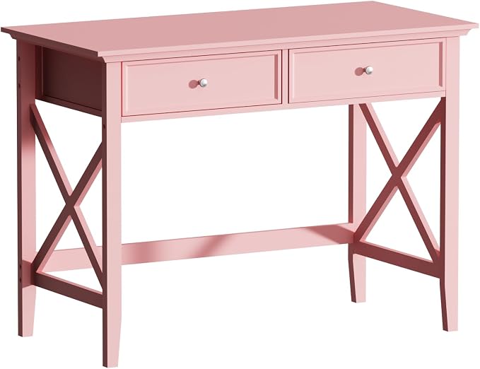 Lewahom Writing Computer Desk with Drawers, Cute Modern Table for Bedrooms, Pink Vanity Table Office Desk with Drawers, Home Computer Desk for Girls Living Room Entryway, Pink
